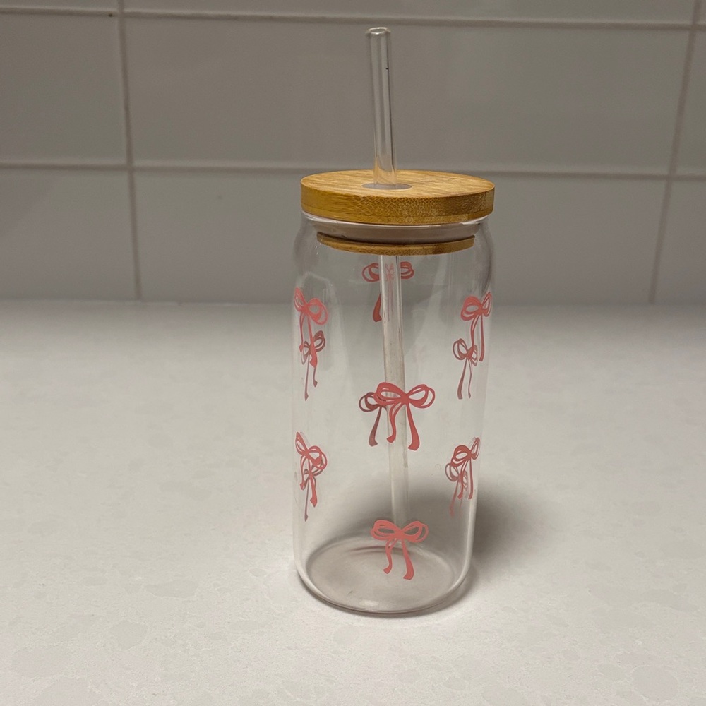 Clear Glass Tumbler with Pink Bow Design